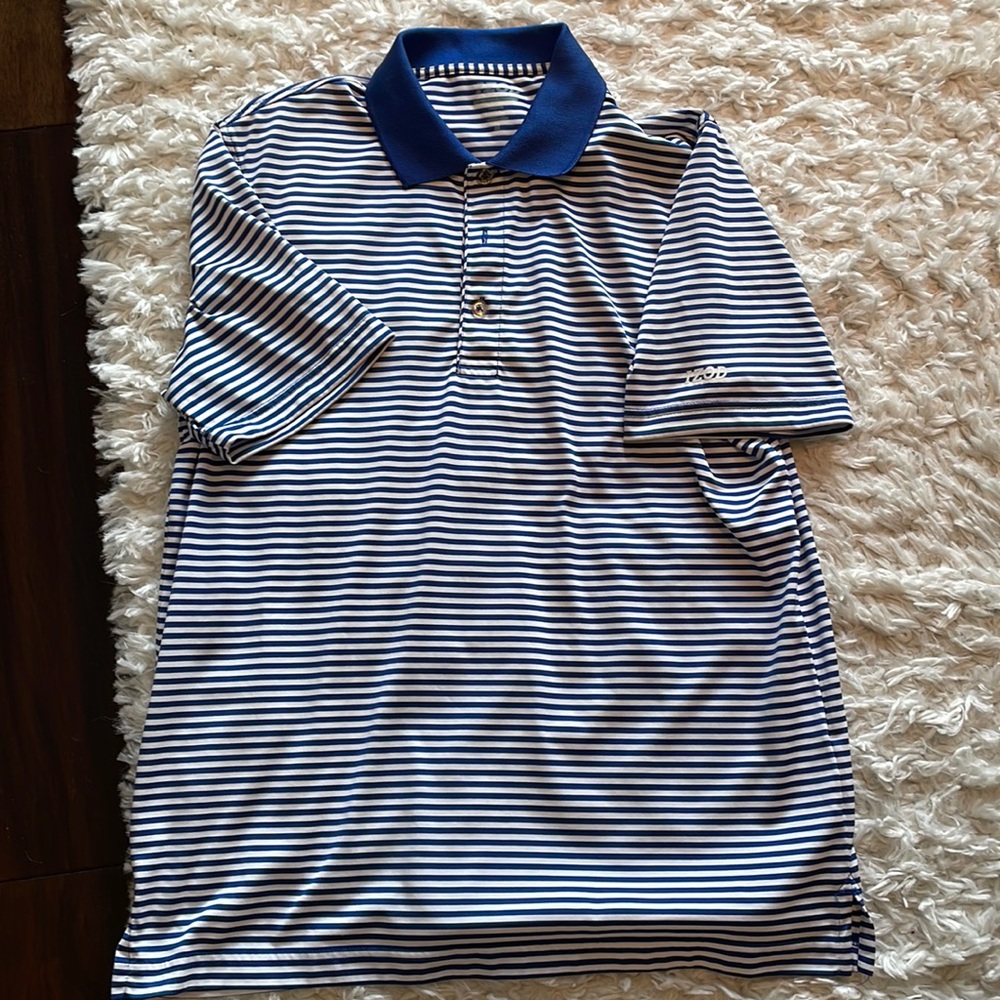 Blue and white striped izod golf shirt.